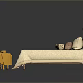 Elegant Beige Upholstered Bed With Decorative Headboard Pink Pillows Side Bench And Yellow Blanket