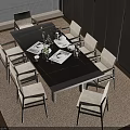 Modern Black Dining Table Set With Beige Chairs And Tableware On Carpet 3d model