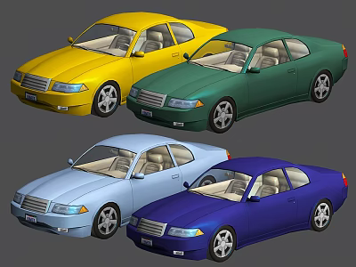 Four Different Colored Sedan Cars Showcased In Yellow Green Light Blue And Dark Blue 3d model