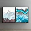 Two Framed Wall Artworks Featuring Ocean Waves Rocks Mountain Clouds And Floral Patterns