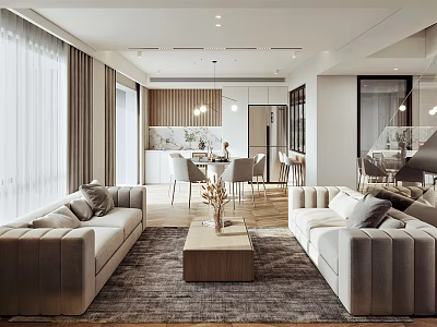 Modern Open Plan Living Dining Space With Beige Sofas Wooden Coffee Table And Dining Set 3d model