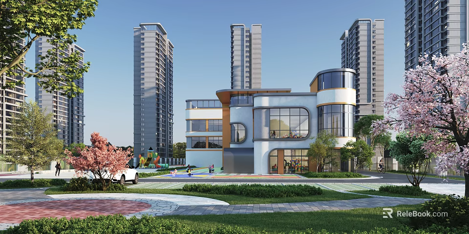 Modern School Building with Open Green Space Trees and Children Playing Near Tall Buildings Background 3d model 