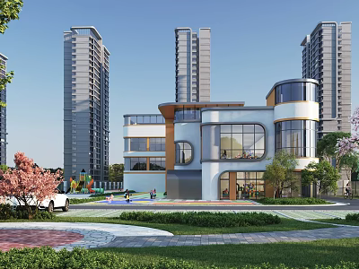 Modern School Building with Open Green Space Trees and Children Playing Near Tall Buildings Background 3d model