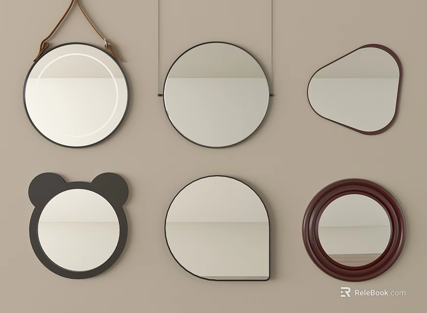 Various Shaped Decorative Mirrors Hanging On Beige Wall For Home Decor 3d model