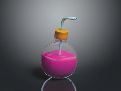 Refreshing Pink Beverage in Glass Bottle with Yellow Cap and Straw on Dark Surface 3d model