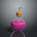 Refreshing Pink Beverage in Glass Bottle with Yellow Cap and Straw on Dark Surface
