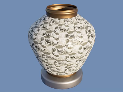 Decorative Ceramic Vase With White Body Gray Patterns Golden Rim And Silver Base 3d model