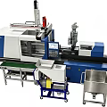 Industrial Injection Molding Equipment With Automated Robotic Arm Conveyor Belt And Control Panel