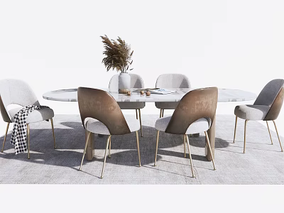 Elegant Modern Dining Table Set With Round Marble Top And Gold Leg Chairs 3d model