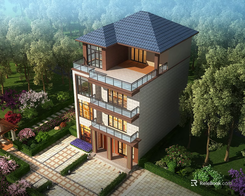 Three Story Detached Villa With Tile Roof Balconies And Landscaped Garden Surrounded By Trees 3d model 