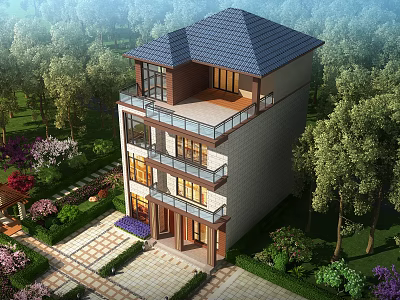 Three Story Detached Villa With Tile Roof Balconies And Landscaped Garden Surrounded By Trees 3d model