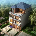 Three Story Detached Villa With Tile Roof Balconies And Landscaped Garden Surrounded By Trees
