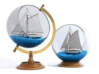 Decorative Ornament Set With Transparent Glass Spheres Sailboat Models Blue Bases And Golden Wooden Stand 3d model