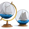 Decorative Ornament Set With Transparent Glass Spheres Sailboat Models Blue Bases And Golden Wooden Stand
