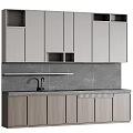 Modern Light Gray Kitchen Cabinets With Marble Countertop And Open Shelves