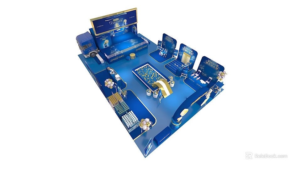 Blue Exhibition Booth Design With Multiple Display Screens And Seating Areas 3d model