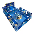 Blue Exhibition Booth Design With Multiple Display Screens And Seating Areas 3d model