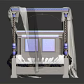 Elegant Four Poster Double Bed With Wooden Frame White Canopy Curtains And Patterned Bedspread