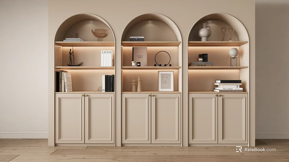 Elegant Three Arch Beige Wine Cabinet With Open Shelves And Decorative Lighting 3d model 