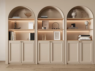 Elegant Three Arch Beige Wine Cabinet With Open Shelves And Decorative Lighting 3d model