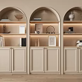Elegant Three Arch Beige Wine Cabinet With Open Shelves And Decorative Lighting