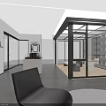 Modern Furniture Showroom Interior With Beige Sofa Black Chair Digital Screen And Glass Doors