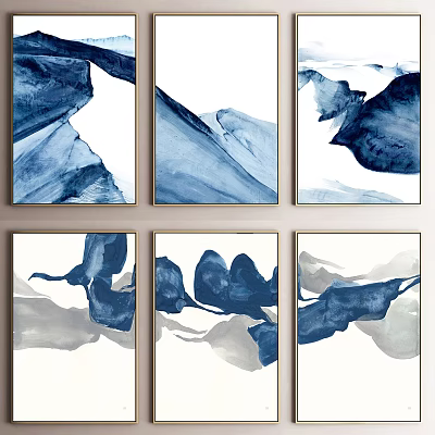 Abstract Paintings With Blue White Gray Tones Six Panel Framed Wall Decor Flowing Forms 3d model
