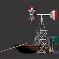 Modern Decorative Model Scene With Windmill Boat Small House Green Barrel And Paddle