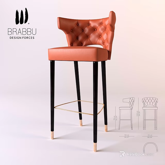 Orange Leather Tufted Wingback Bar Stool With Black Legs And Gold Footrest 3d model 