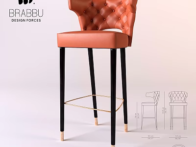 Orange Leather Tufted Wingback Bar Stool With Black Legs And Gold Footrest 3d model