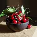 Fresh Red Cherries in Dark Shiny Bowl with Green Leaves and Single Cherry on Table