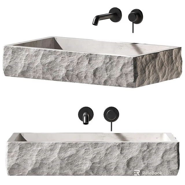 Natural Stone Textured Washbasin With Black Faucets And Above Counter Design 3d model 