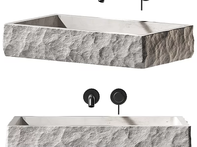 Natural Stone Textured Washbasin With Black Faucets And Above Counter Design 3d model