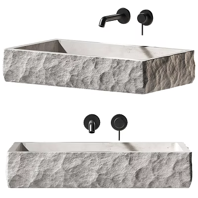 Natural Stone Textured Washbasin With Black Faucets And Above Counter Design 3d model