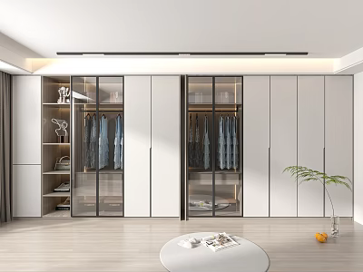 Modern Elegant White Wardrobe with Glass Doors Open Shelves and Hanging Area 3d model