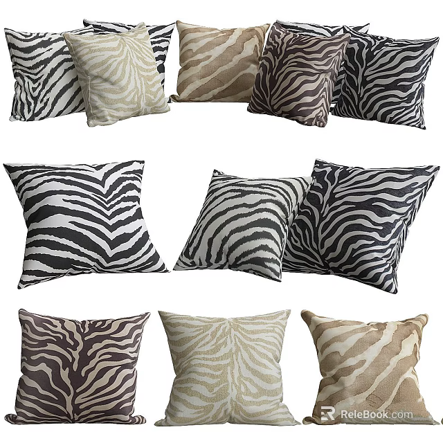 Modern Zebra Striped Decorative Pillows in Black White Brown and Beige Tones 3d model 