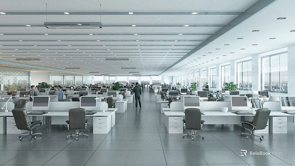 Modern Public Office Space with Desks Computers Office Chairs Large Windows and Green Plants 3d model 