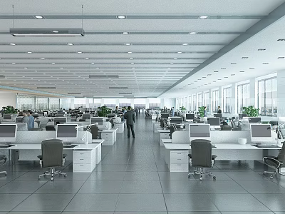 Modern Public Office Space with Desks Computers Office Chairs Large Windows and Green Plants 3d model