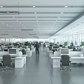 Modern Public Office Space with Desks Computers Office Chairs Large Windows and Green Plants