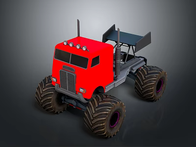 Red Monster Truck With Large Off Road Tires And Black Front Bucket 3d model