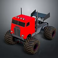 Red Monster Truck With Large Off Road Tires And Black Front Bucket