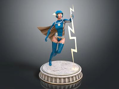 Blue Helmeted Female Superhero Standing On Circular Stone Pedestal With Lightning Weapon And Gold Symbol 3d model