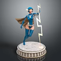 Blue Helmeted Female Superhero Standing On Circular Stone Pedestal With Lightning Weapon And Gold Symbol