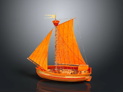 Wooden Boat With Orange Sails Mast And Flag On Reflective Surface 3d model