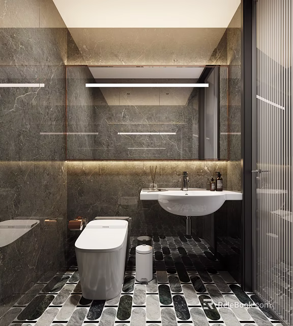 Modern Luxury Bathroom Interior Design With Marble Walls Smart Toilet Vanity And Mirror 3d model 