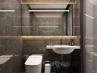 Modern Luxury Bathroom Interior Design With Marble Walls Smart Toilet Vanity And Mirror 3d model