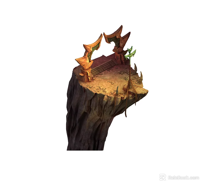 Cliff Top Scene With Rock Formations Bench And Small Tree On Sandy Ground 3d model 
