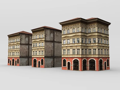 Three European Style Buildings In Different Conditions Featuring Arched Doors Red Roofs And Decorative Facades 3d model