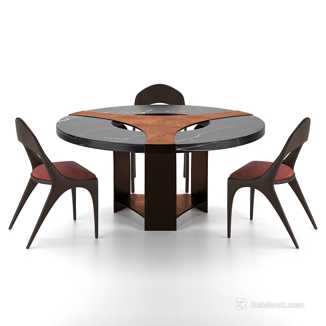 Modern Round Dining Table Set with Three Red Seated Chairs and Black Brown Tabletop Design 3d model 