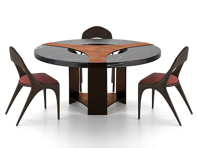 Modern Round Dining Table Set with Three Red Seated Chairs and Black Brown Tabletop Design 3d model